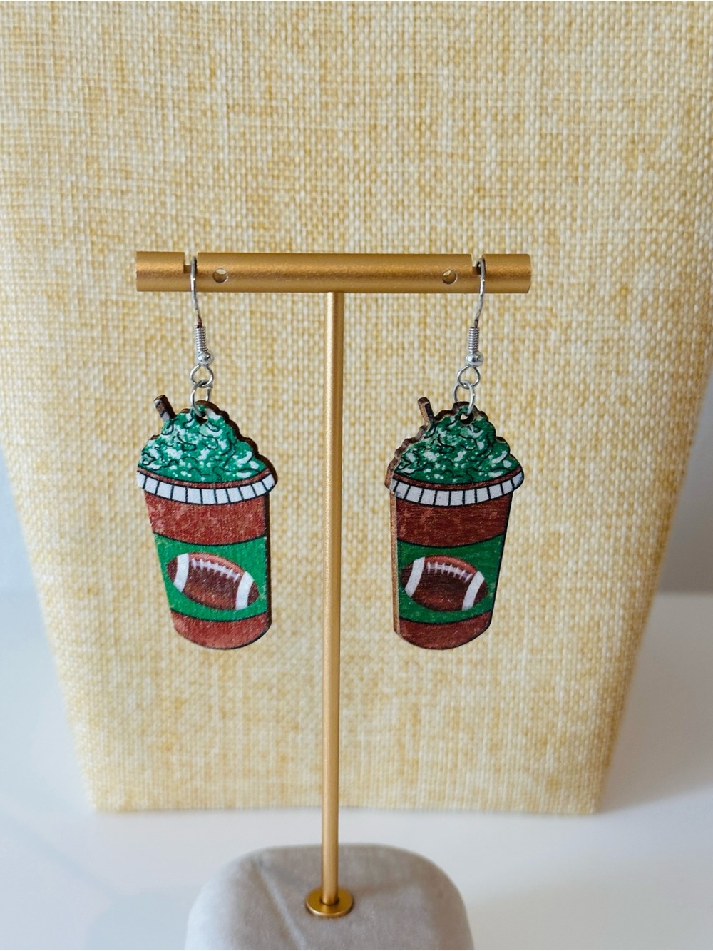 Fashion Jewelry Green and Brown Football Drink Cup Earrings